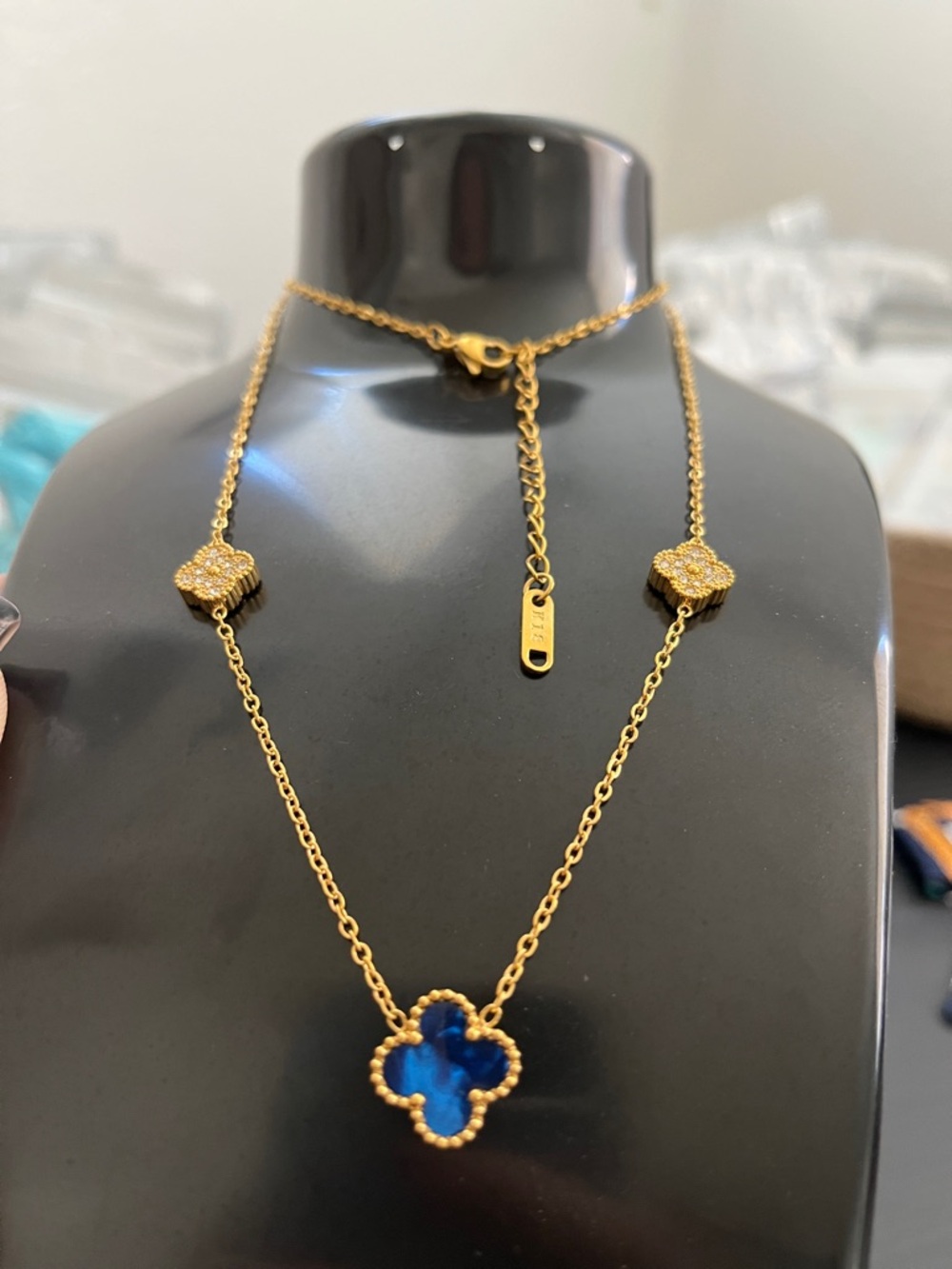 Gold Plated Blue Clover Pendant Necklace - Women Jewelry